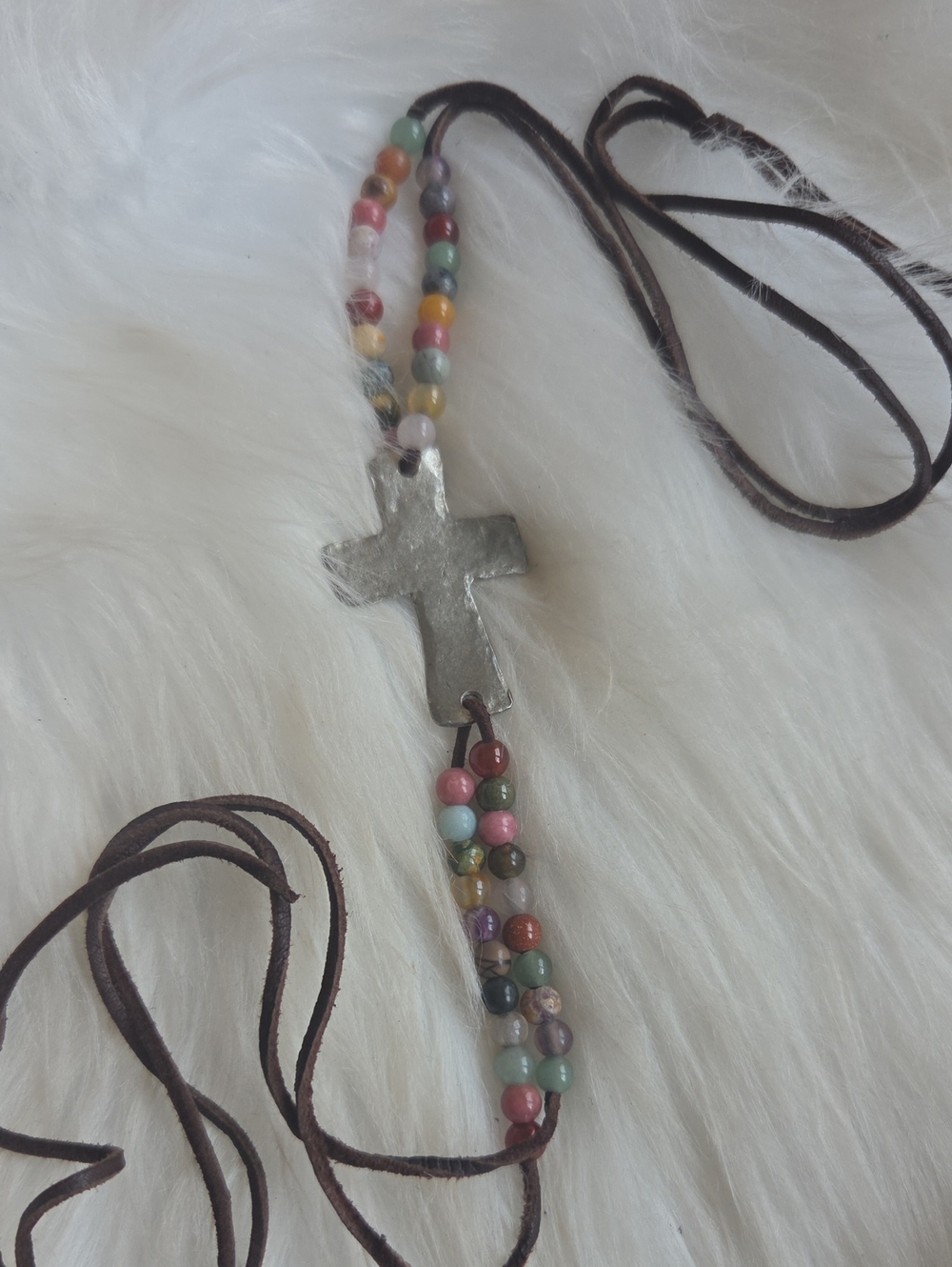 Multi Stone, Leather Cross Bracelet Wrap Or Necklace